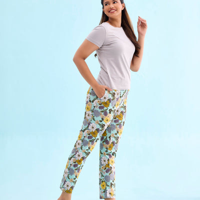 Women Printed Green Mid Rise Cotton Knit Lounge Pant