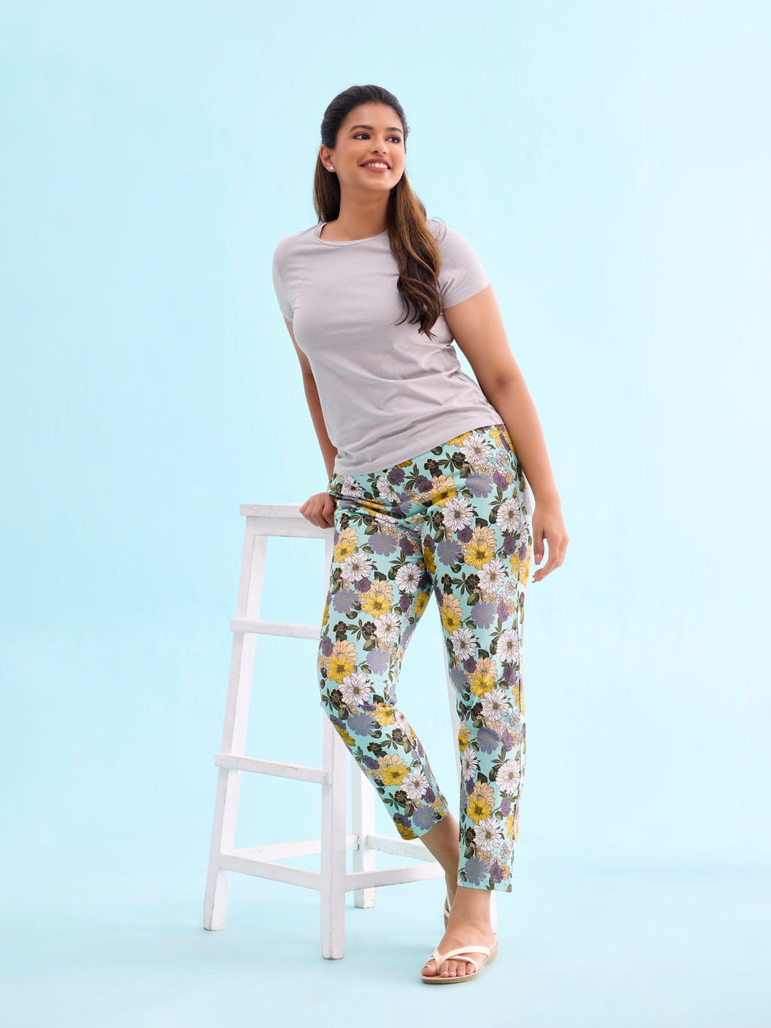 Women Printed Green Mid Rise Cotton Knit Lounge Pant