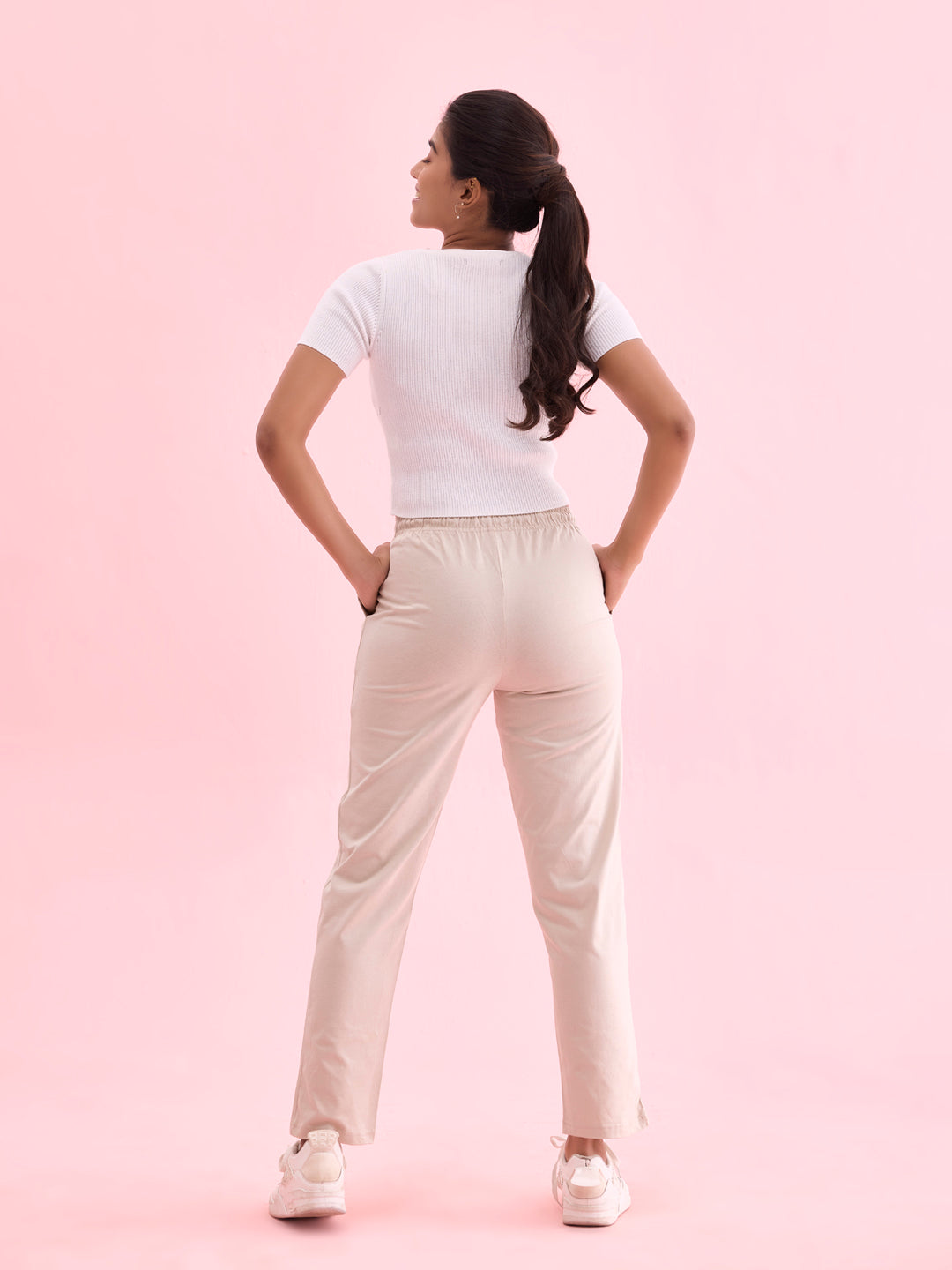 Women Printed Light Beige Cotton Knit Lounge Pants