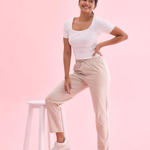 Women Printed Light Beige Cotton Knit Lounge Pants