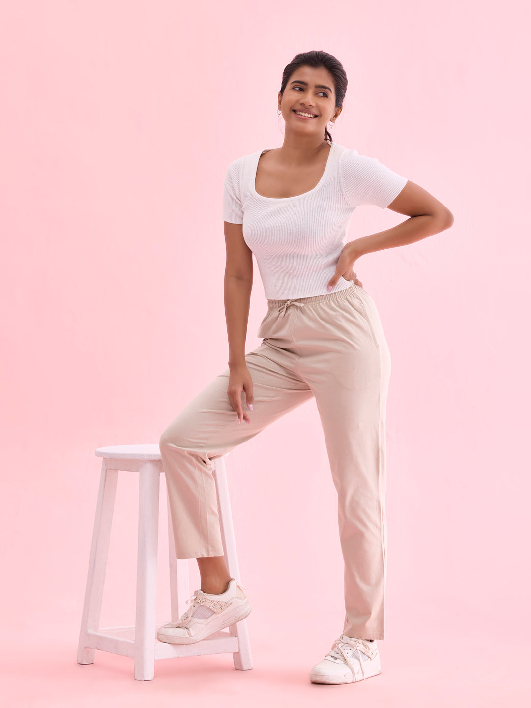 Women Printed Light Beige Cotton Knit Lounge Pants