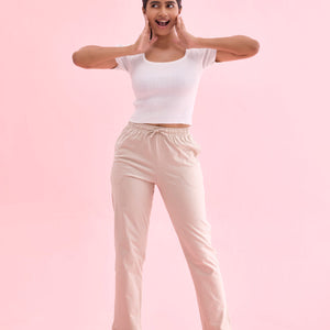 Women Printed Light Beige Cotton Knit Lounge Pants