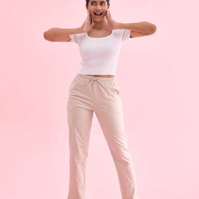Women Printed Light Beige Cotton Knit Lounge Pants