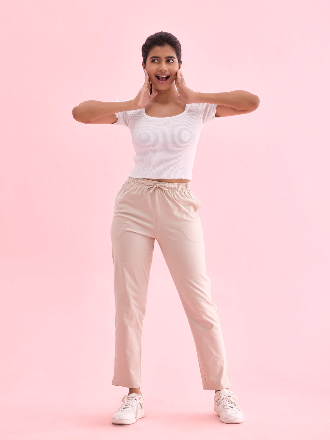 Women Printed Light Beige Cotton Knit Lounge Pants