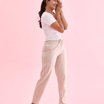 Women Printed Light Beige Cotton Knit Lounge Pants