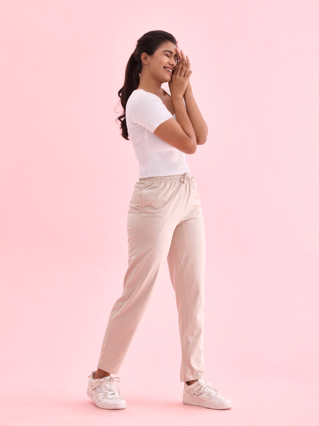 Women Printed Light Beige Cotton Knit Lounge Pants
