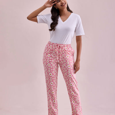 Women Printed Light Pink Cotton Knit Lounge Pants