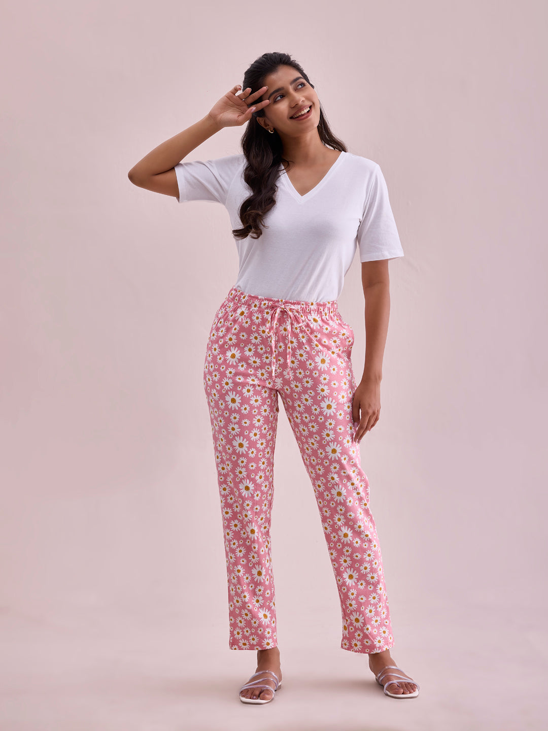 Women Printed Light Pink Cotton Knit Lounge Pants