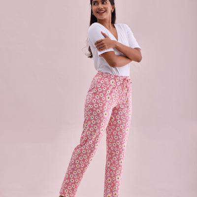 Women Printed Light Pink Cotton Knit Lounge Pants