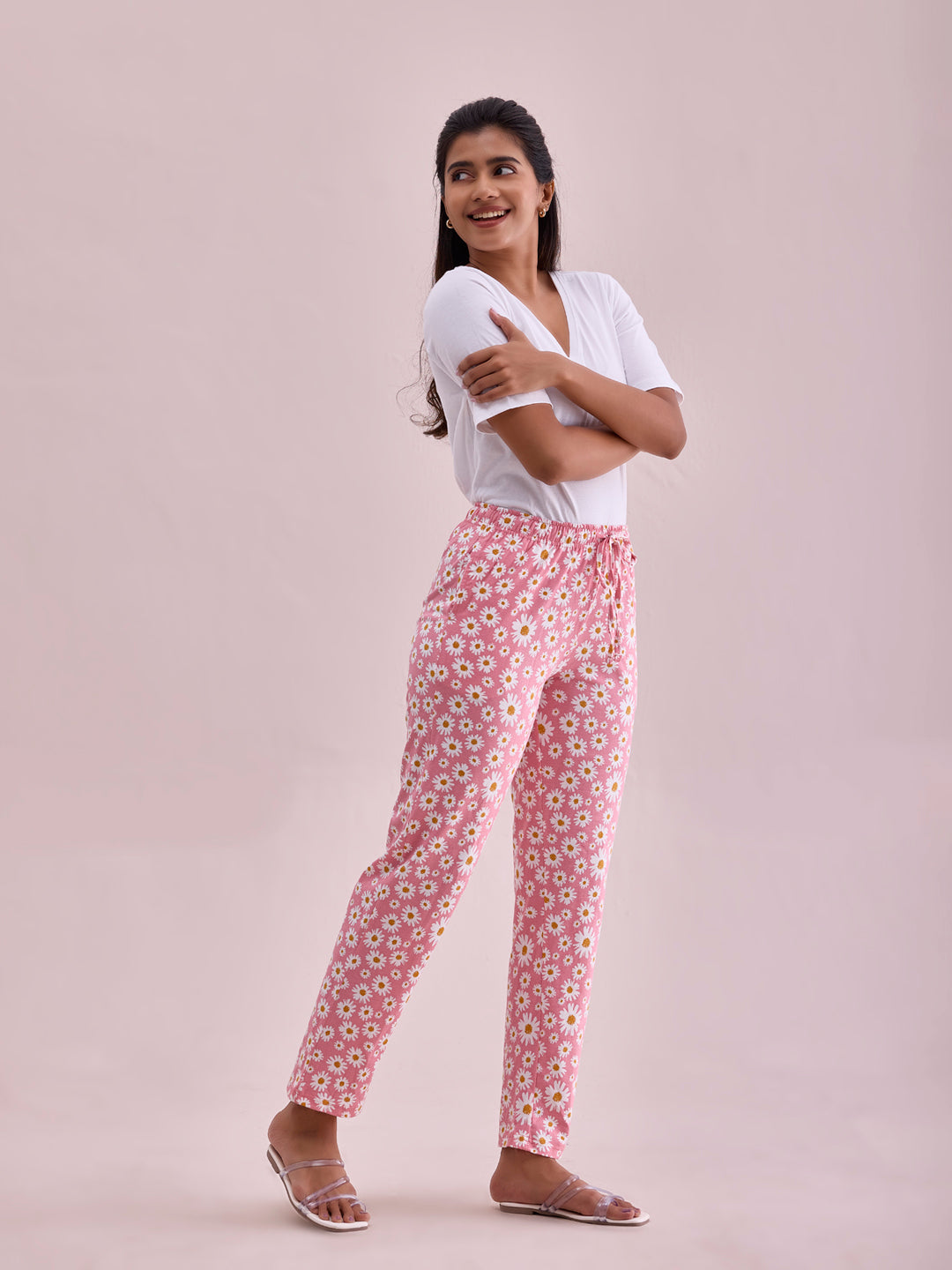 Women Printed Light Pink Cotton Knit Lounge Pants