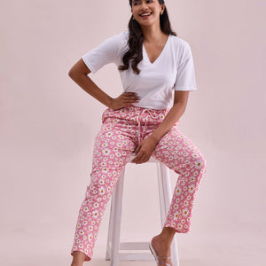 Women Printed Light Pink Cotton Knit Lounge Pants