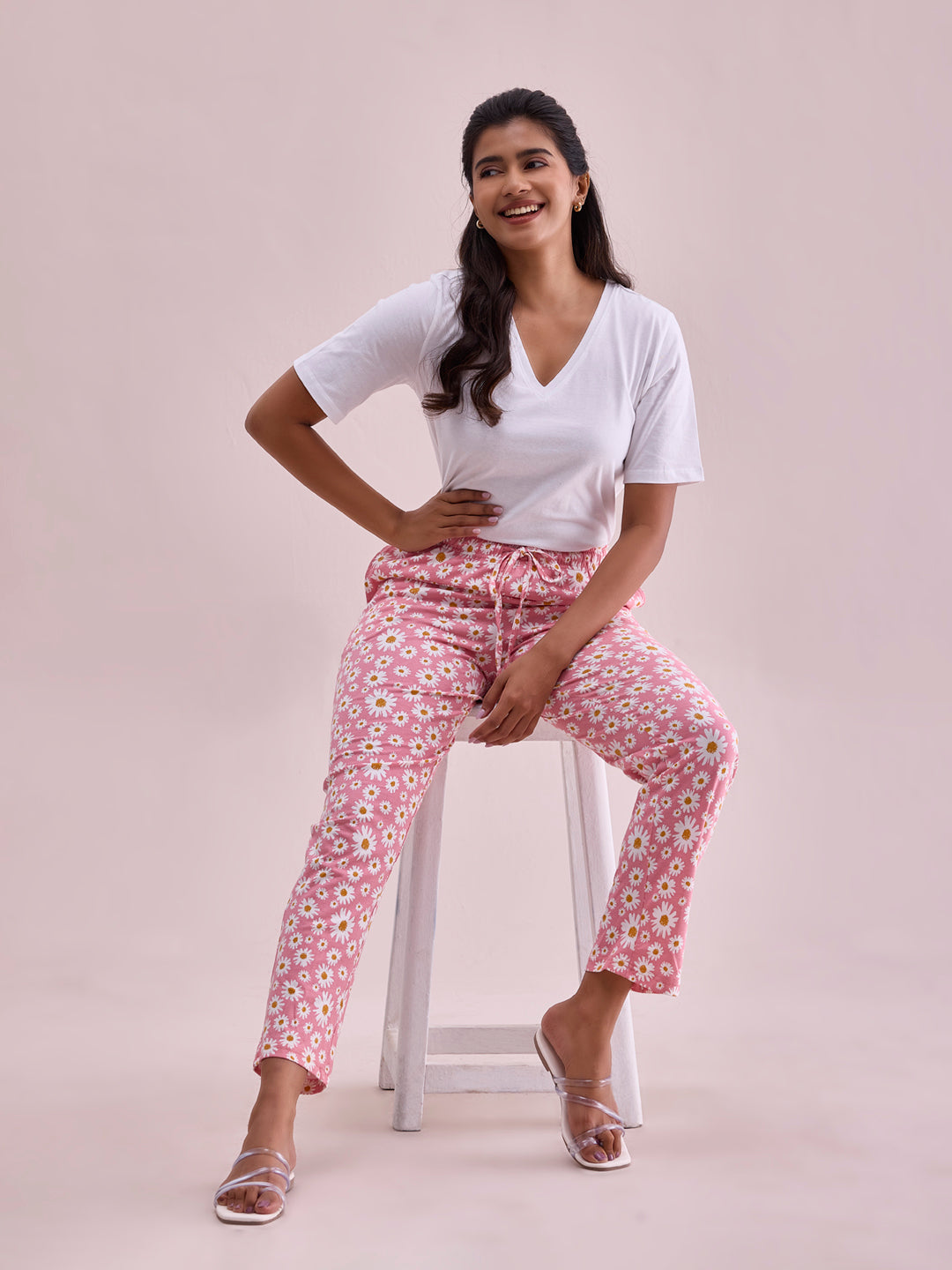 Women Printed Light Pink Cotton Knit Lounge Pants