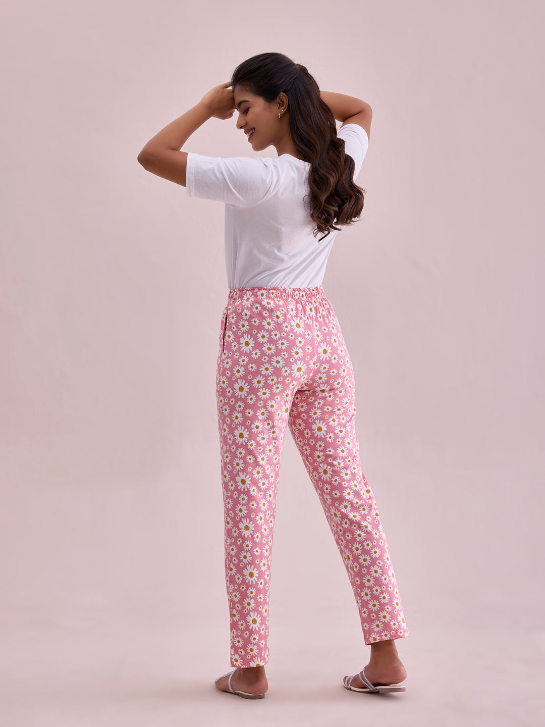 Women Printed Light Pink Cotton Knit Lounge Pants