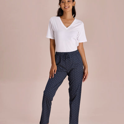 Women Printed Navy Cotton Knit Lounge Pants