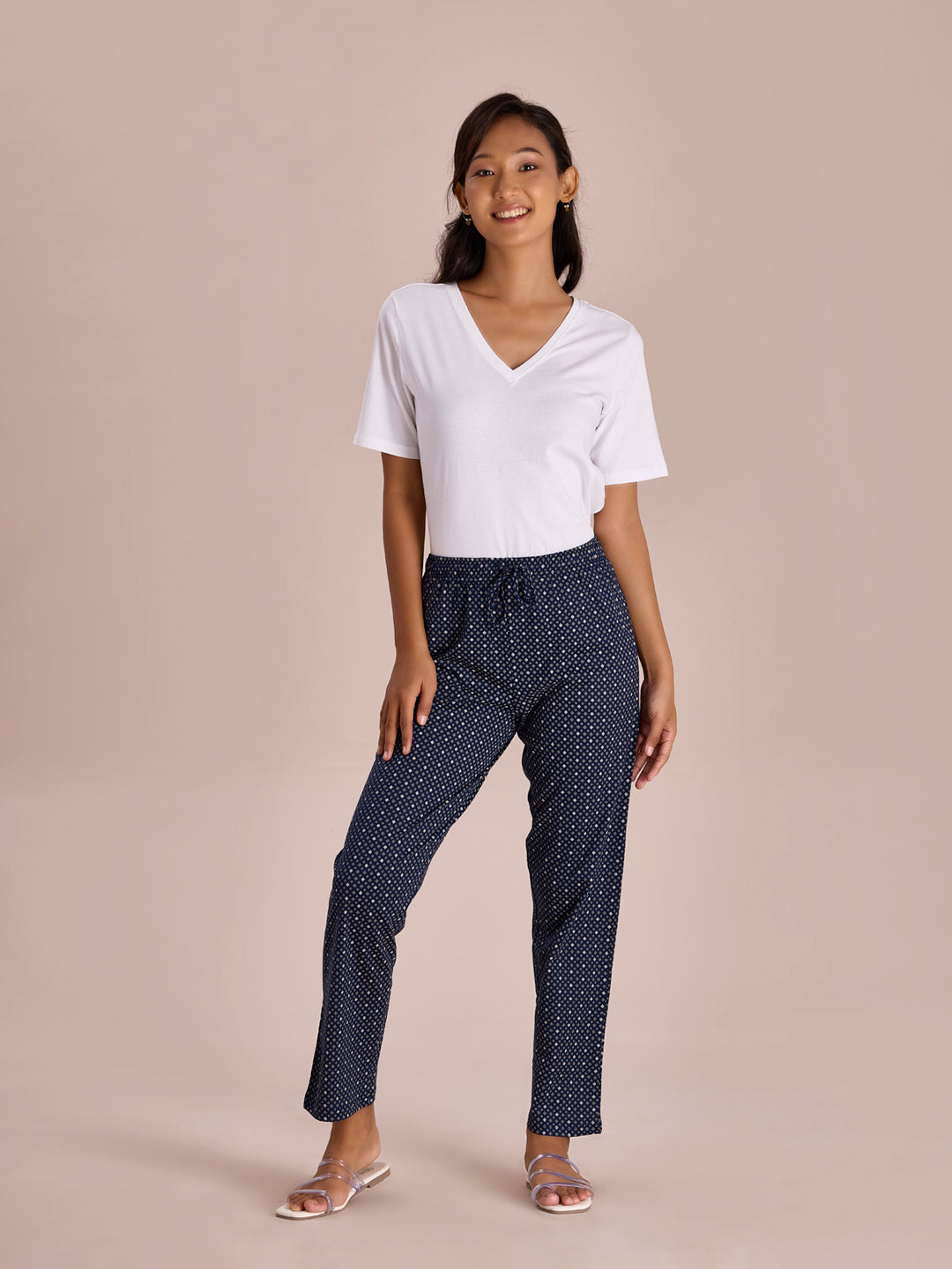 Women Printed Navy Cotton Knit Lounge Pants