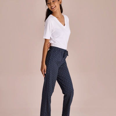 Women Printed Navy Cotton Knit Lounge Pants