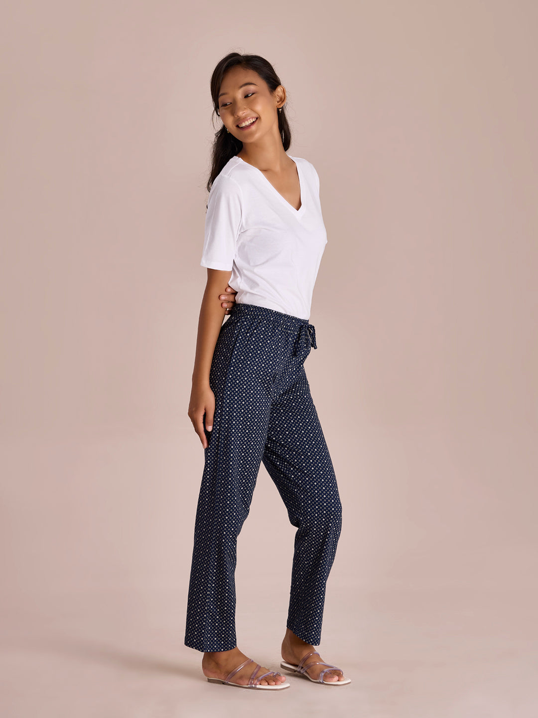 Women Printed Navy Cotton Knit Lounge Pants