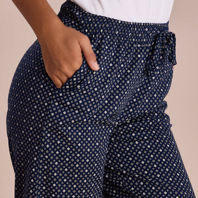 Women Printed Navy Cotton Knit Lounge Pants