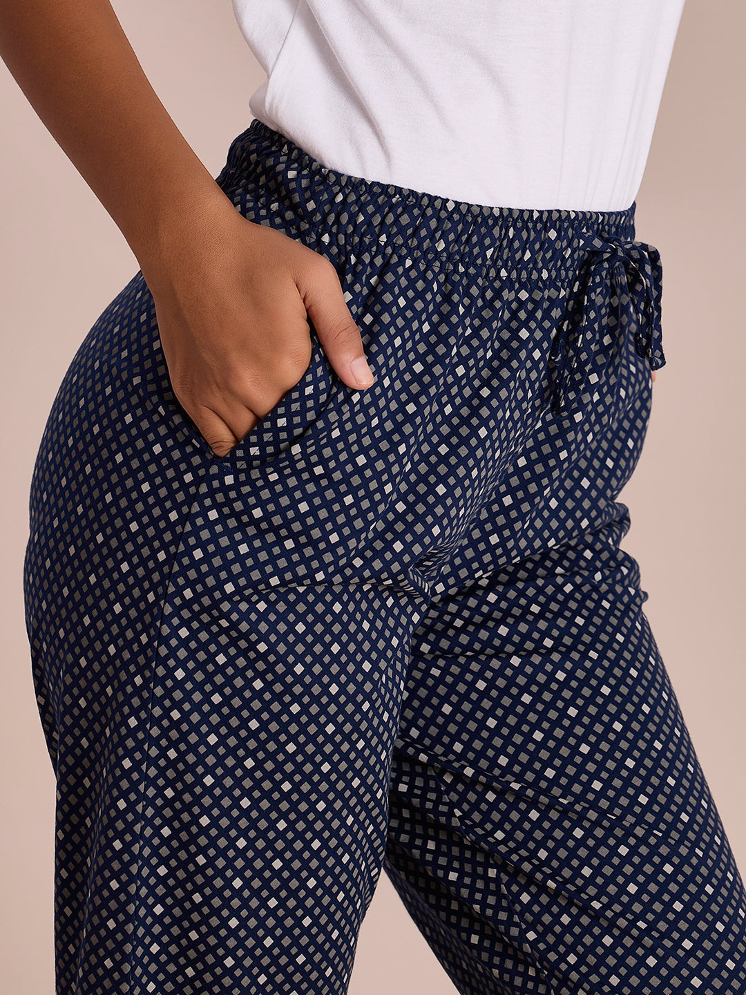Women Printed Navy Cotton Knit Lounge Pants