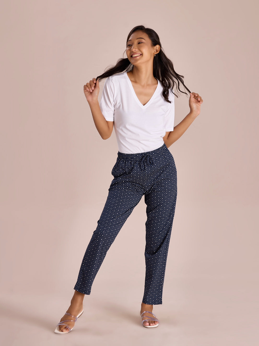 Women Printed Navy Cotton Knit Lounge Pants