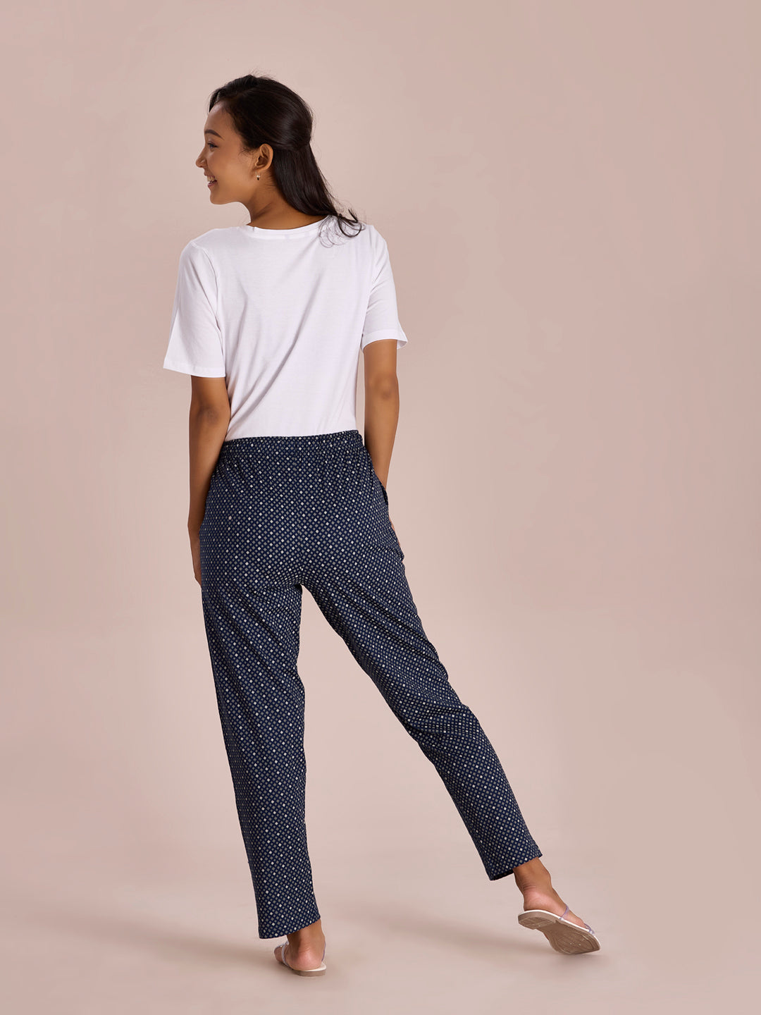 Women Printed Navy Cotton Knit Lounge Pants