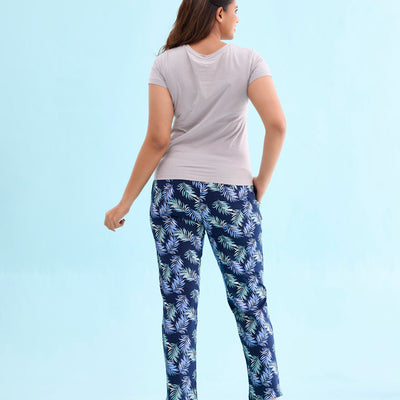 Women Printed Navy Mid Rise Cotton Knit Lounge Pants