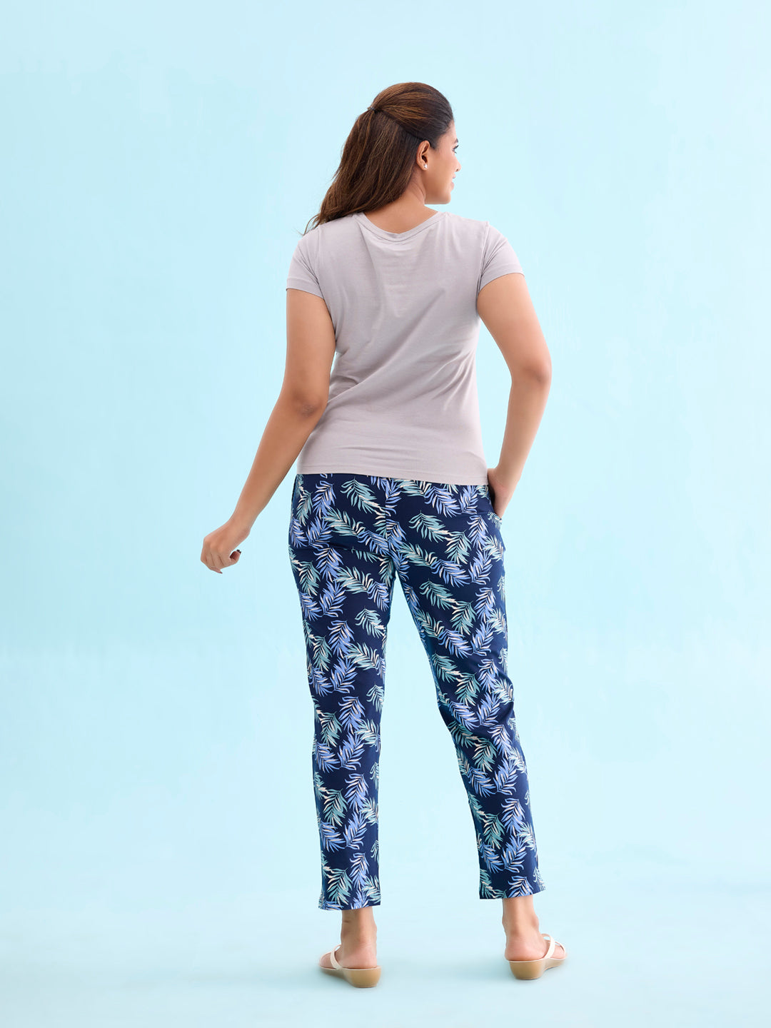 Women Printed Navy Mid Rise Cotton Knit Lounge Pants