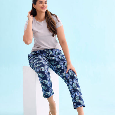 Women Printed Navy Mid Rise Cotton Knit Lounge Pants