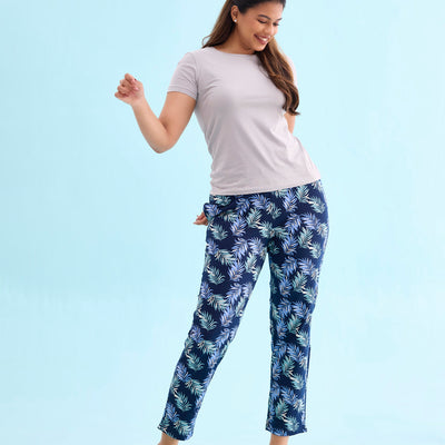 Women Printed Navy Mid Rise Cotton Knit Lounge Pants