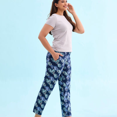 Women Printed Navy Mid Rise Cotton Knit Lounge Pants