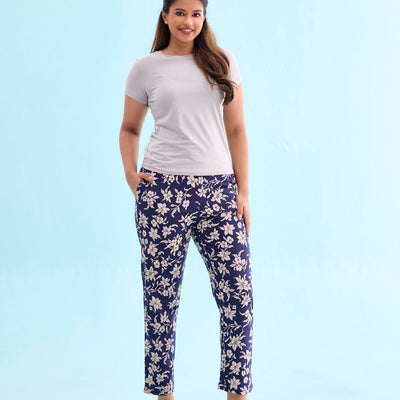 Women Printed Navy Cotton Knit Mid Rise Lounge Pants