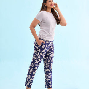 Women Printed Navy Cotton Knit Mid Rise Lounge Pants