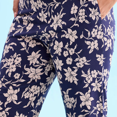Women Printed Navy Cotton Knit Mid Rise Lounge Pants
