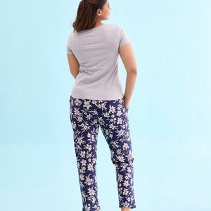 Women Printed Navy Cotton Knit Mid Rise Lounge Pants