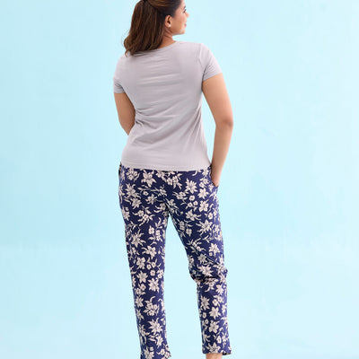 Women Printed Navy Cotton Knit Mid Rise Lounge Pants