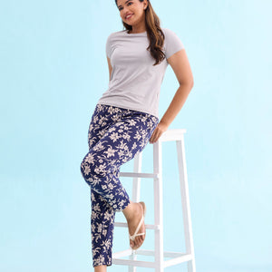 Women Printed Navy Cotton Knit Mid Rise Lounge Pants
