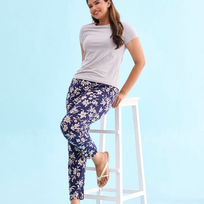Women Printed Navy Cotton Knit Mid Rise Lounge Pants