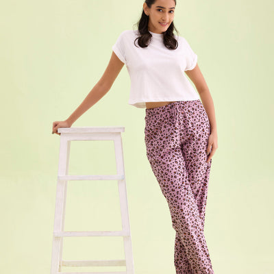 Women Printed Purple Cotton Knit Mid Rise Lounge Pants