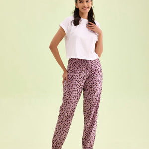 Women Printed Purple Cotton Knit Mid Rise Lounge Pants