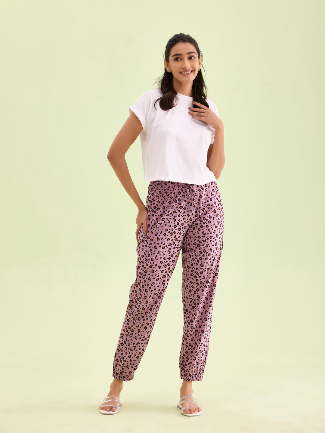 Women Printed Purple Cotton Knit Mid Rise Lounge Pants