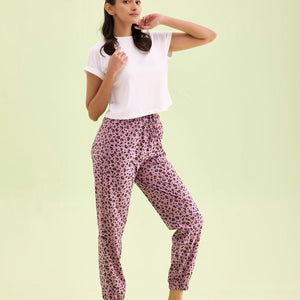 Women Printed Purple Cotton Knit Mid Rise Lounge Pants