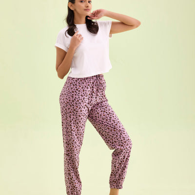 Women Printed Purple Cotton Knit Mid Rise Lounge Pants