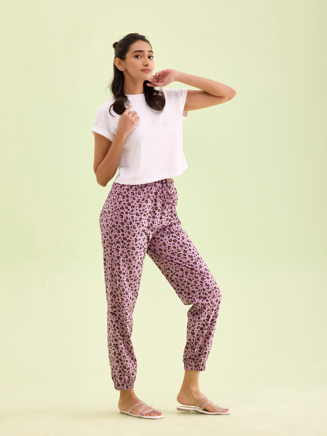 Women Printed Purple Cotton Knit Mid Rise Lounge Pants