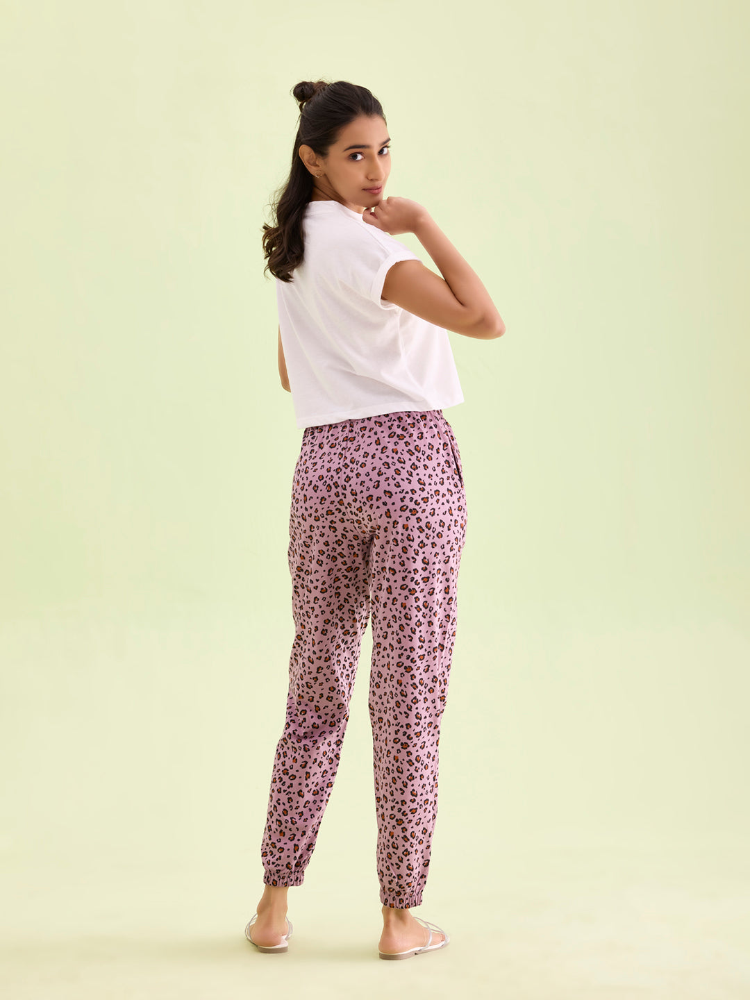 Women Printed Purple Cotton Knit Mid Rise Lounge Pants