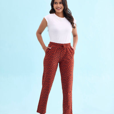 Women Printed Rust Cotton Knit Lounge Pants