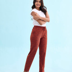Women Printed Rust Cotton Knit Lounge Pants