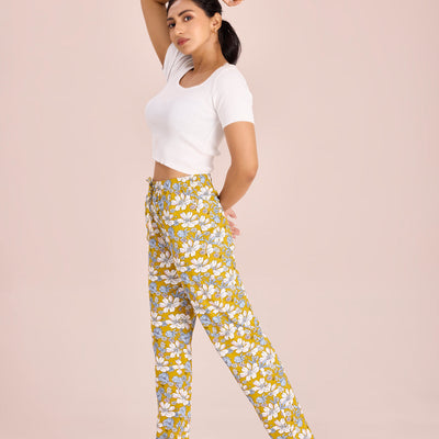 Women Printed Yellows Cotton Knit Lounge Pants