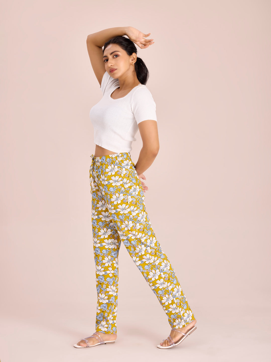Women Printed Yellows Cotton Knit Lounge Pants