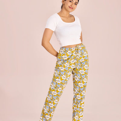 Women Printed Yellows Cotton Knit Lounge Pants