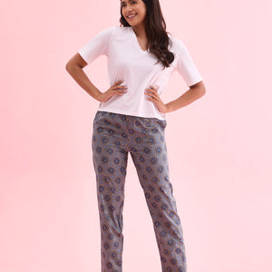Women Printed Blue Cotton Woven Lounge Pants
